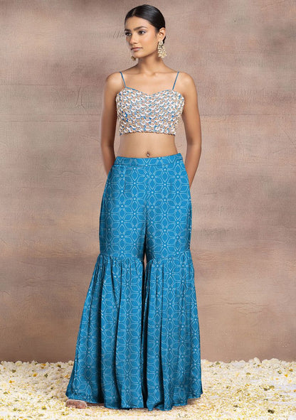 Blue Sharara Set With Pearl Sequin Hand Embroidered Blouse And Mesh Jacket