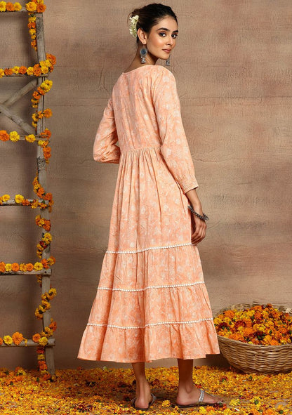 Peach Floral Print Cotton Tiered Maxi Dress