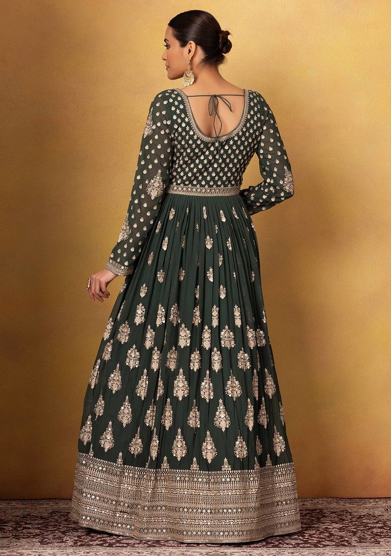 Deep Green Sequin Embellished Anarkali Gown With Dupatta