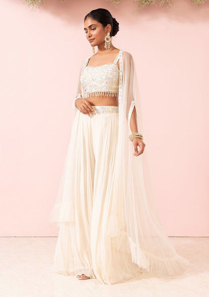 Ivory Sharara Set With Sequin Hand Embroidered Blouse And Mesh Jacket