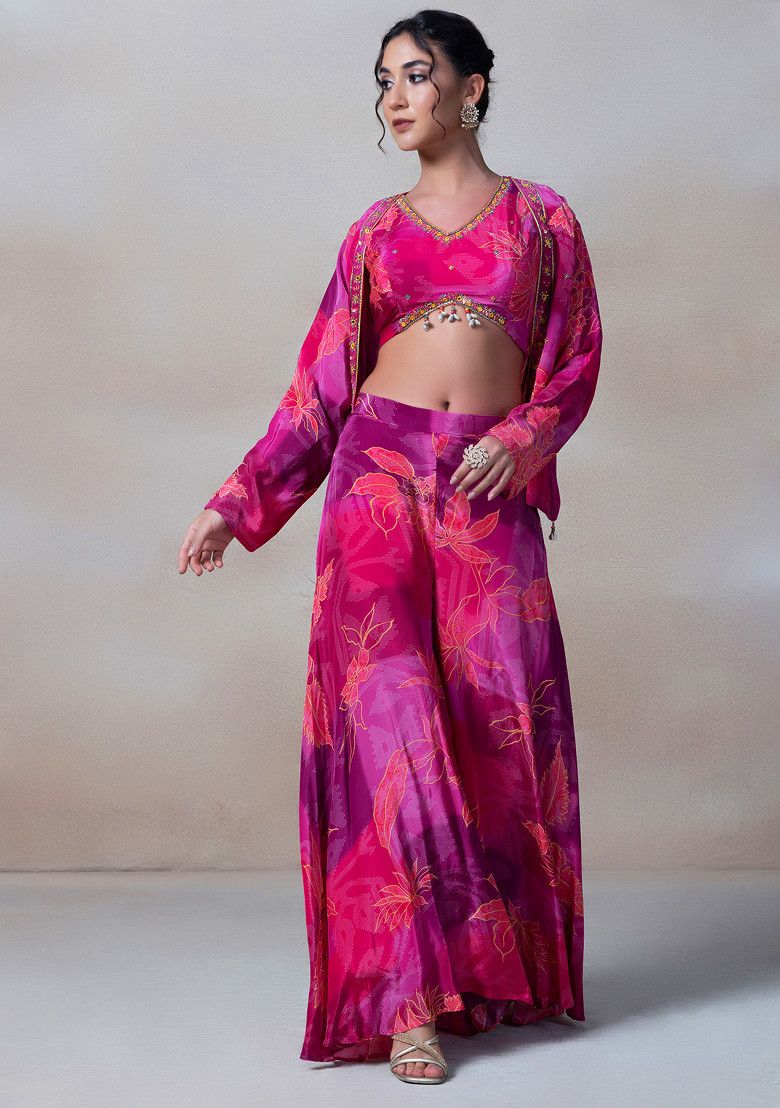 Pink Floral Print Sharara Set With Sequin Embellished Blouse And Printed Jacket