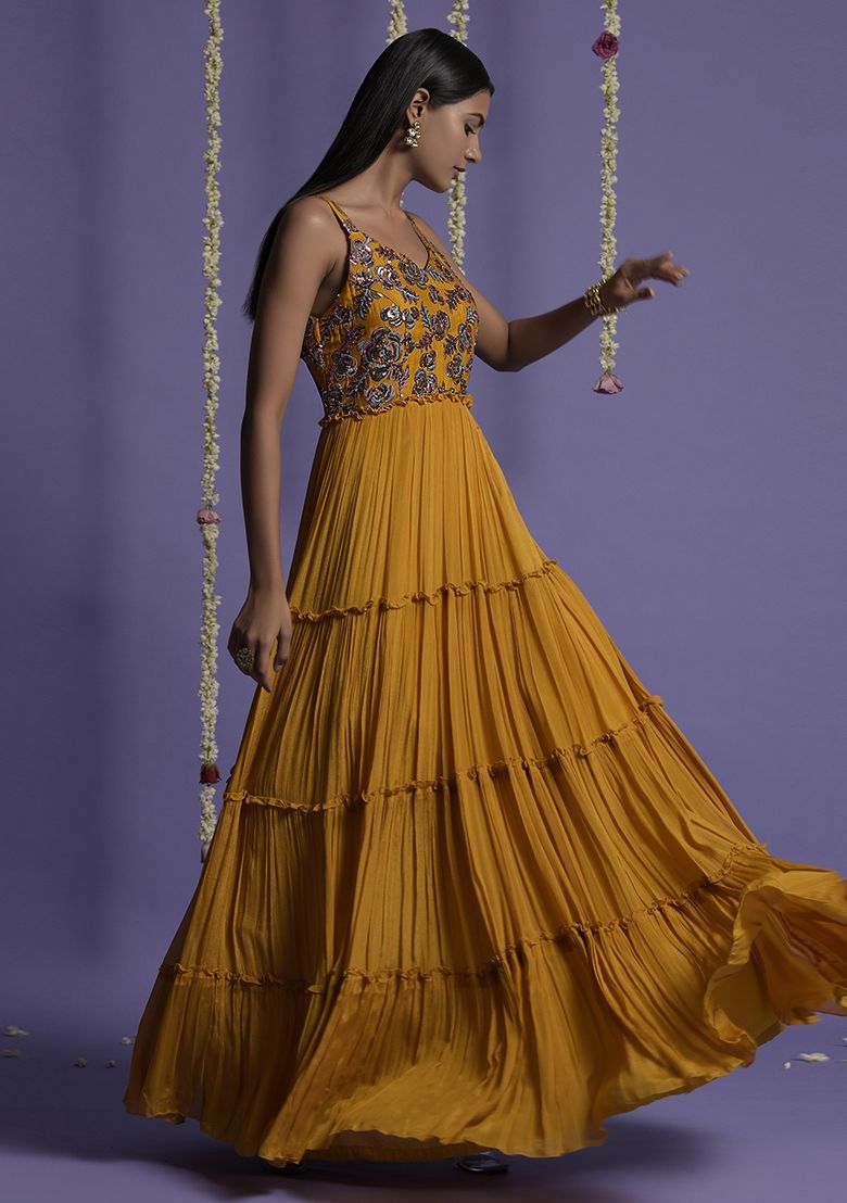 Yellow Multicolor Sequin Embroidered Gown