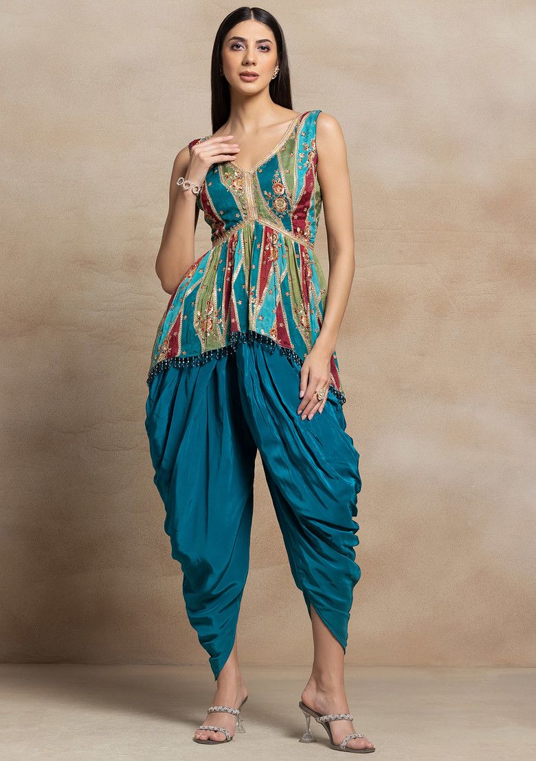 Teal Blue Zari Sequin Embellished Short Kurta Set With Dhoti Pants And Dupatta