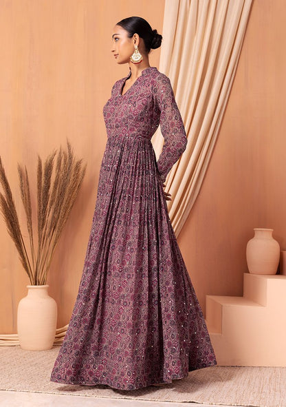 Dull Pink Abstract Print Mirror Embroidered Anarkali Gown With Belt