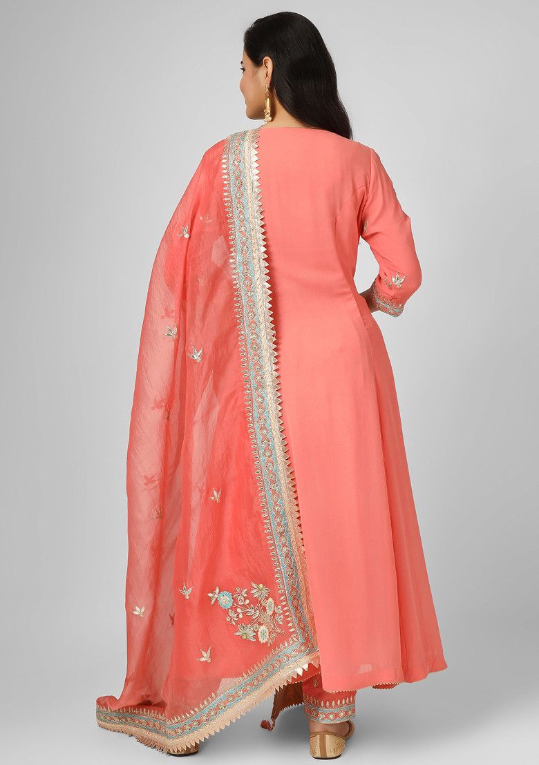 Pink Pietra Dura Machine Embroidered Silk Anarkali Set