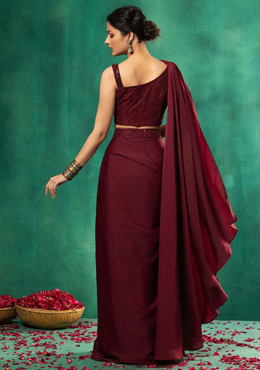 HAND EMBROIDERED Maroon Satin Pre-Stitched Saree Set With Abstract Sequin Embellished Blouse