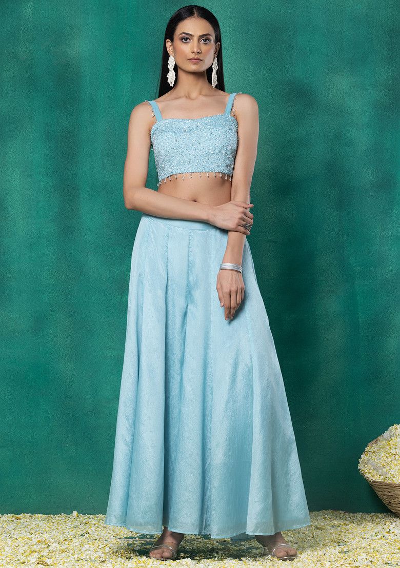 Seafoam Sharara Set With Sequin Pearl Hand Work Blouse And Choker Dupatta