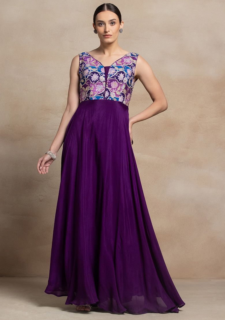 Purple Floral Sequin Embellished Anarkali With Dupatta