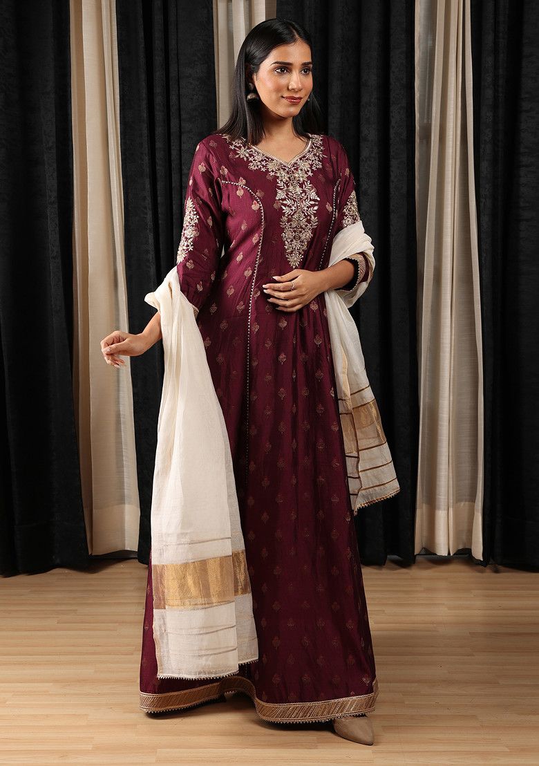 Maroon Embroidered Silk Chanderi Anarkali Set