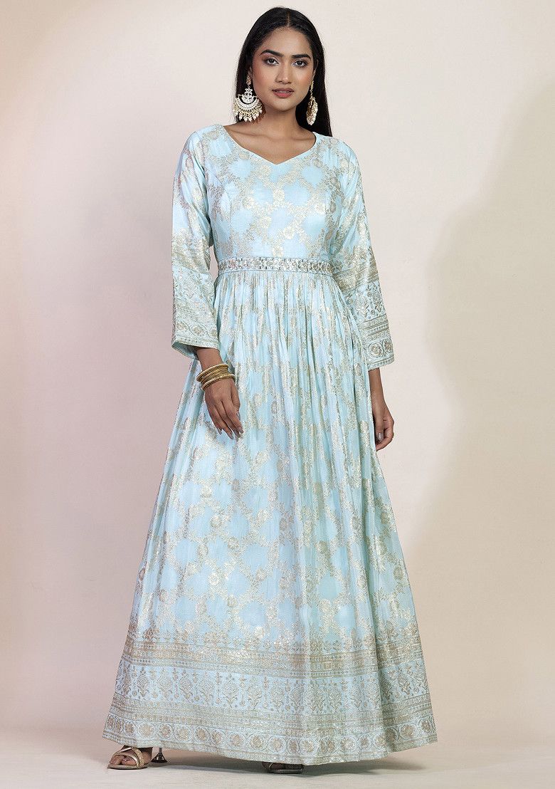 Pastel Blue Floral Print Brocade Anarkali With Dupatta