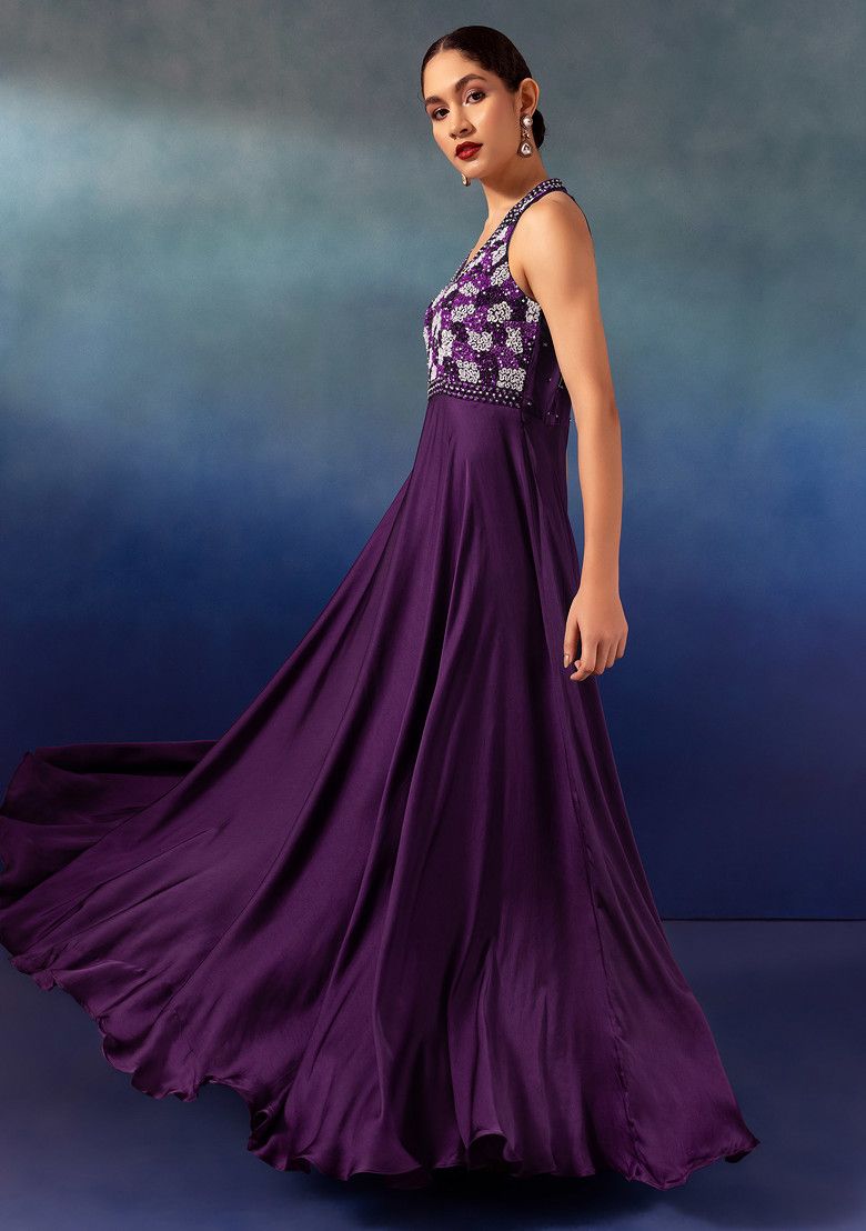 Purple Sequin Hand Embroidered Satin Gown