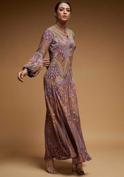 Lavender Rhinestones Embroidered Bemberg Crepe Gown