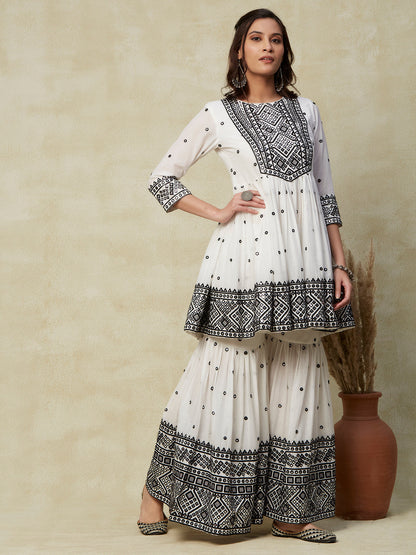 Solid Mirror & Resham Embroidered Gathered Short Mul-Cotton Kurta with Embroidered Sharara & Dupatta - White