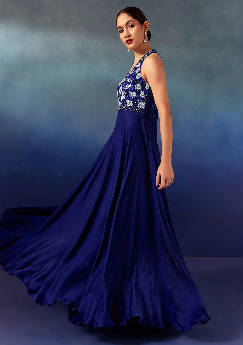 Navy Blue Sequin Hand Embroidered Satin Gown