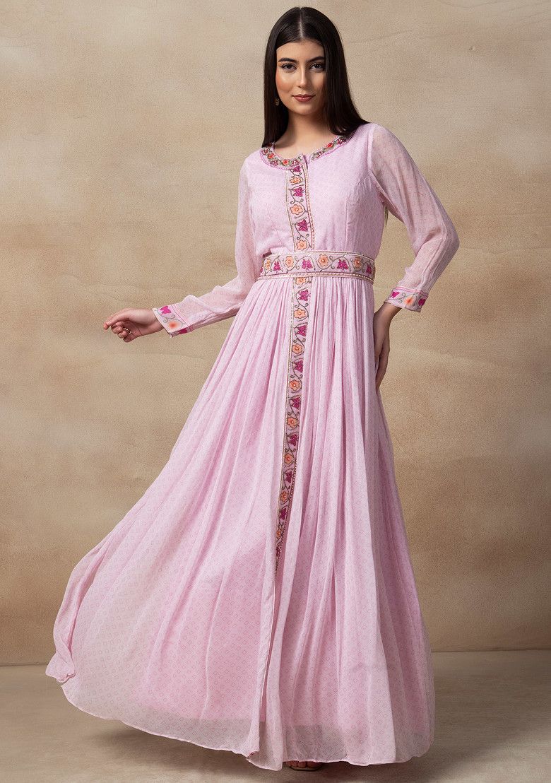 Pink Bead Embellished Anarkali Gown With Embellished Belt And Mesh Dupatta