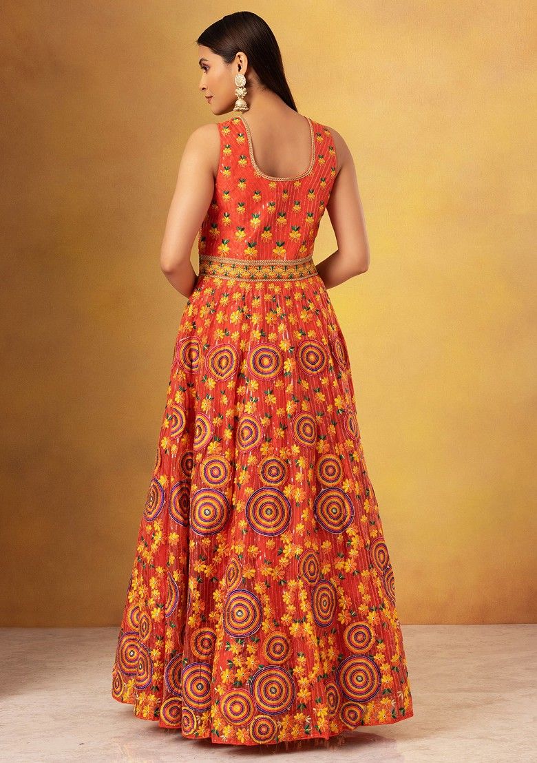 Orange Floral Thread Embroidered Organza Anarkali Gown With Dupatta