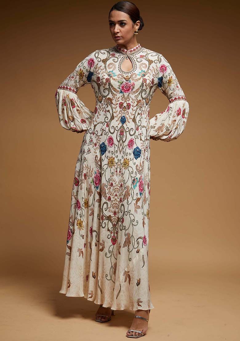 Ivory Printed Rhinestones Work Bemberg Crepe Gown