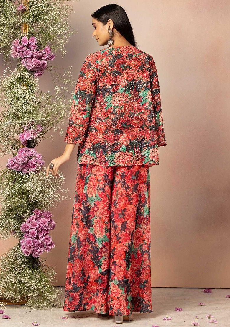 Pink Floral Print Sharara Set With Embroidered Blouse And Jacket