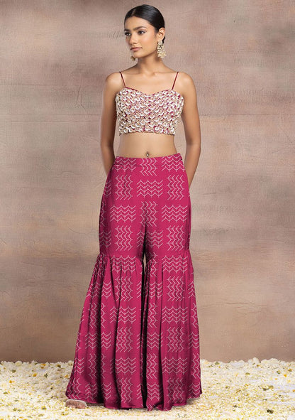 Pink Sharara Set With Pearl Sequin Hand Embroidered Blouse And Mesh Jacket