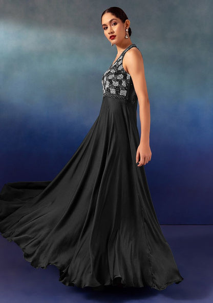 Black Sequin Hand Embroidered Satin Gown