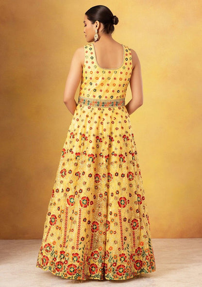 Yellow Floral Thread Embroidered Organza Anarkali Gown With Dupatta