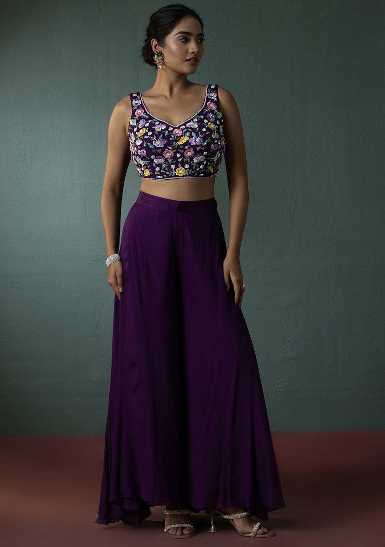 Purple Sharara Set With Floral Sequin Embellished Blouse And Jacket