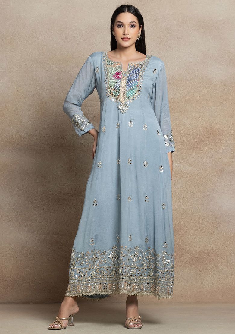 Grey Mirror And Gota Patti Embroidered Anarkali With Embroidered Dupatta