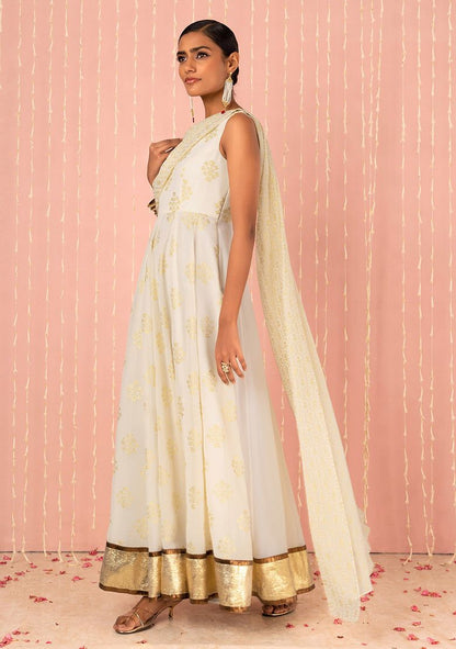 Ivory Foil Print One Shoulder Anarkali Kurta With Attached Drape