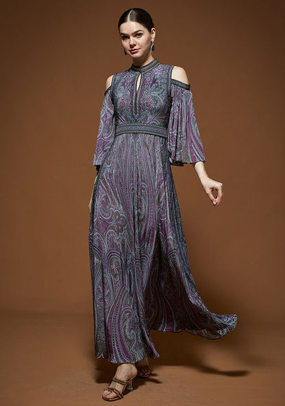 Purple Rhinestones Embroidered Bemberg Crepe Gown