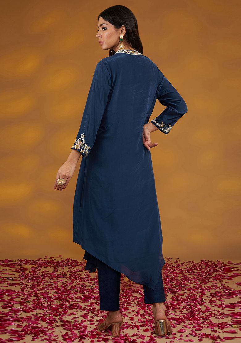 Blue Zari Embroidered Crepe Co-Ord Set