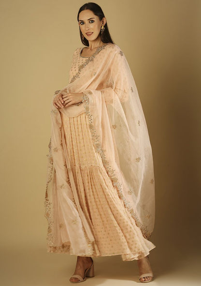 MONK AND MEI Peach Embroidred Anarkali Set