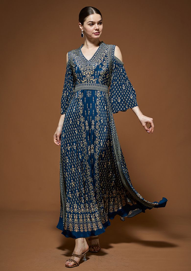 Blue Bemberg Crepe Rhinestones Embroidered Gown