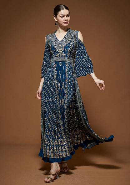 Blue Bemberg Crepe Rhinestones Embroidered Gown