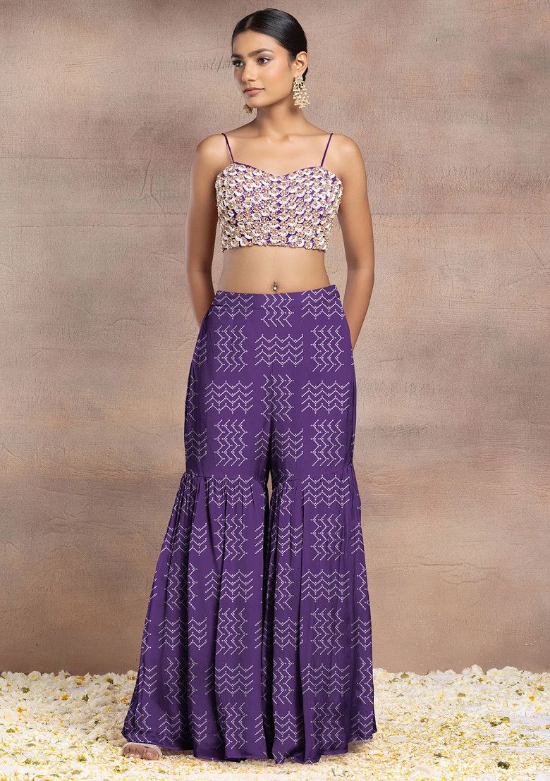 Purple Sharara Set With Pearl Sequin Hand Embroidered Blouse And Mesh Jacket