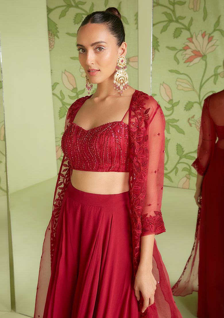 SANJEV MARWAAHA Cherry Red 3D Embroidered Jacket Set