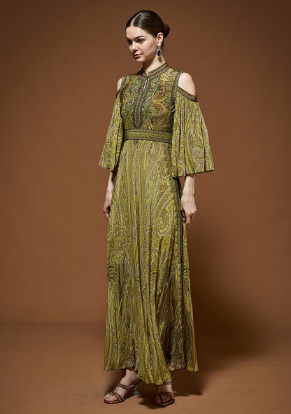 Olive Green Rhinestones Embroidered Bemberg Crepe Gown