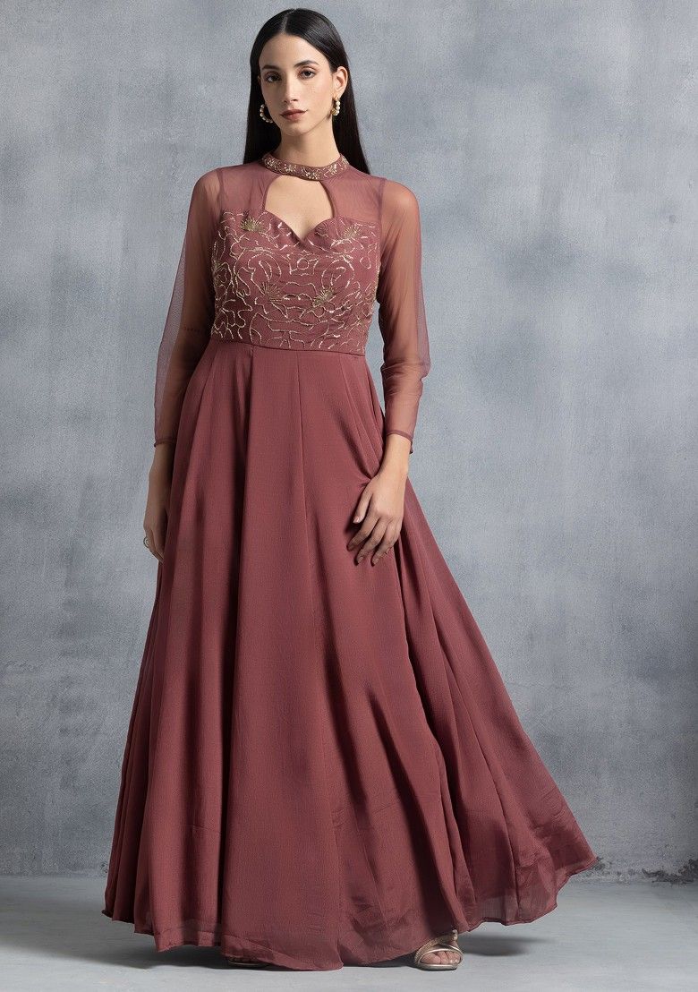 Dusty Pink Hand Embroidered Halter Neck Gown