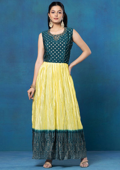 Green And Yellow Foil Print Anarkali Kurta Set With Pants And Dupatta