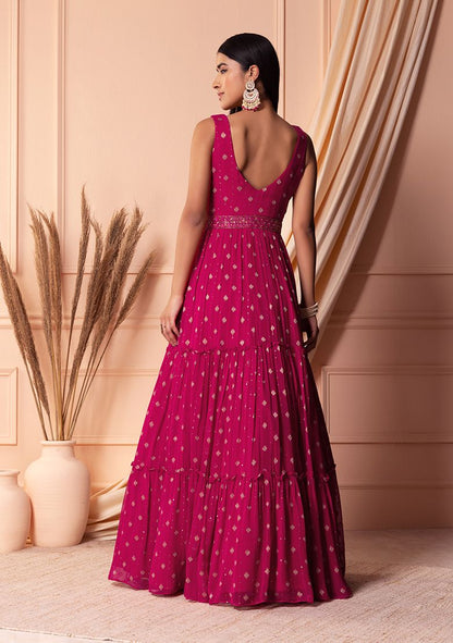 Hot Pink Sequin Embroidered Tiered Anarkali Gown