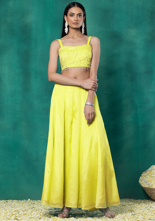 Yellow Sharara Set With Sequin Pearl Hand Work Blouse And Choker Dupatta