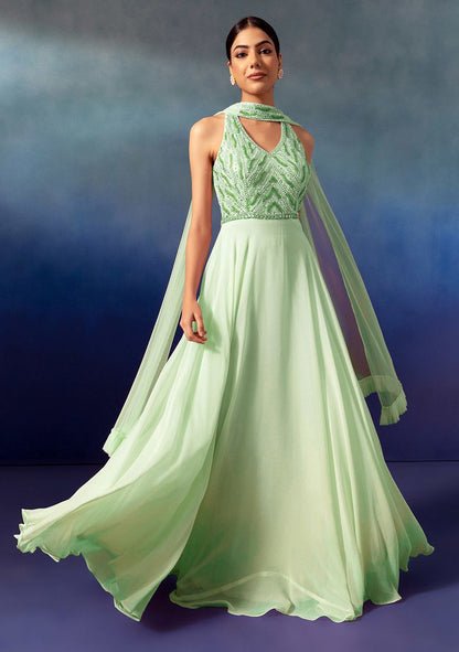 Mint Green Sequin And Bead Embellished Halter Anarkali Gown With Dupatta