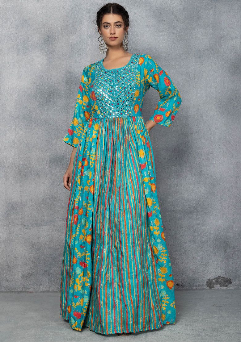 Turquoise Blue Embellished Anarkali Kurta With Chiffon Dupatta