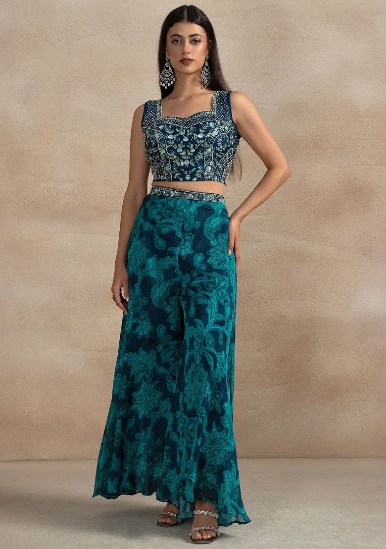 Blue And Green Floral Print Sharara Set With Mirror Embellished Blouse And Dupatta