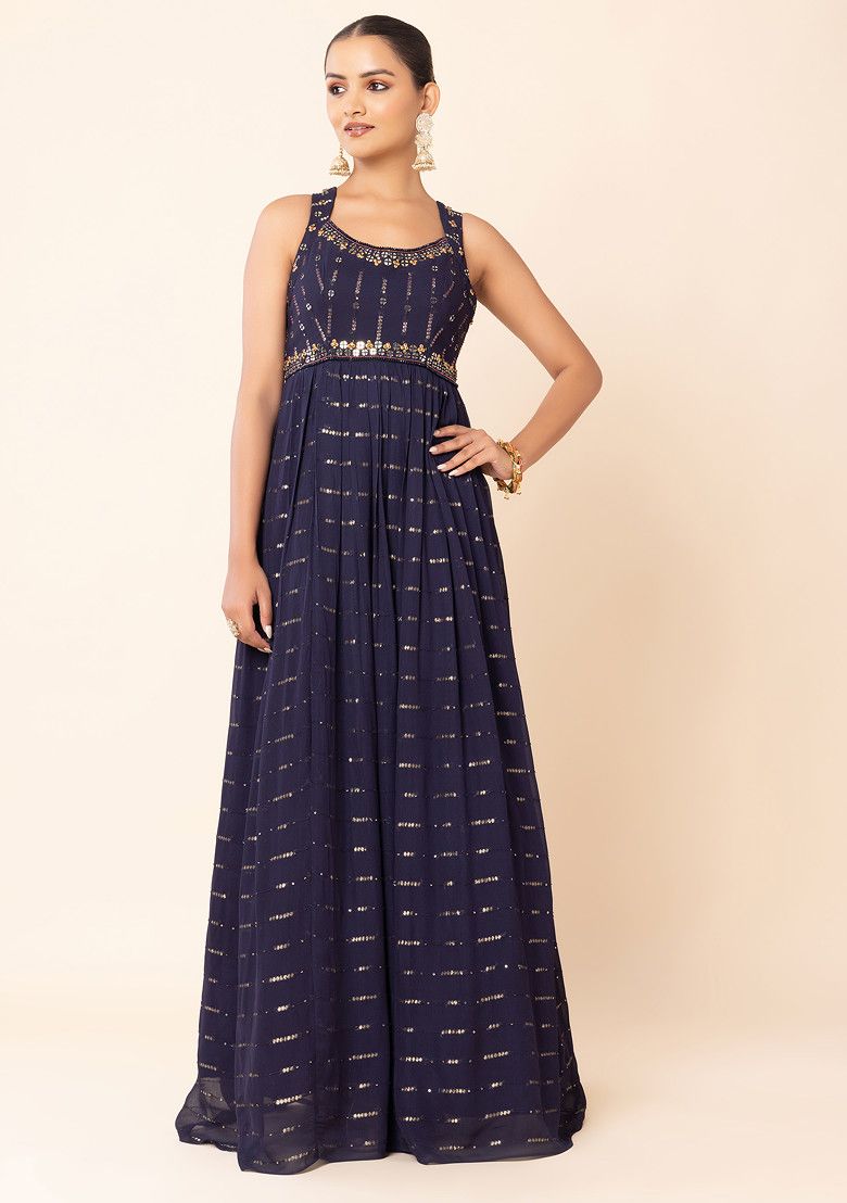 Navy Blue Mirror And Sequin Embellished Gown