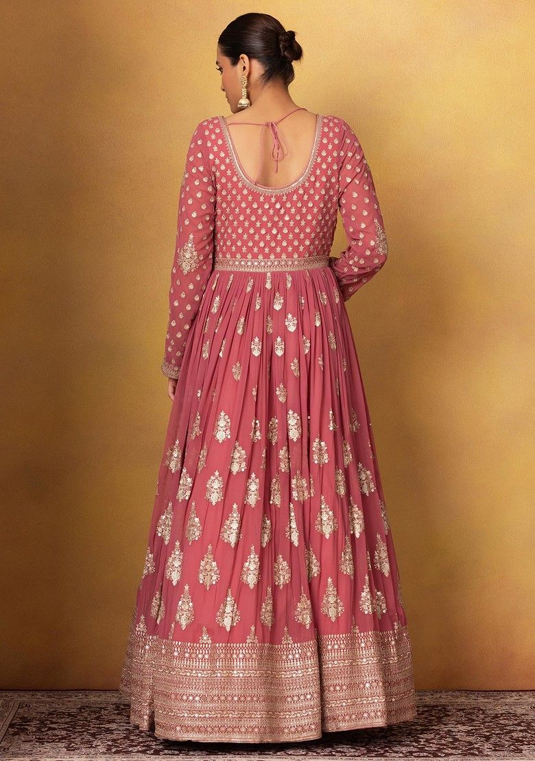 Pink Floral Sequin Embellished Anarkali Gown With Dupatta