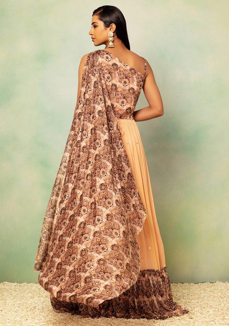 Peach Floral Abstract Print Anarkali Gown With Attached Dupatta And Belt