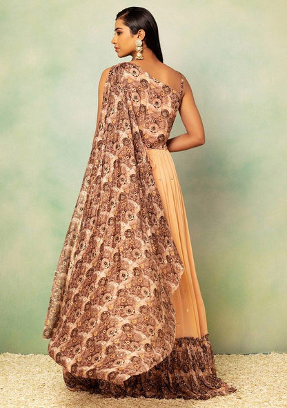 Peach Floral Abstract Print Anarkali Gown With Attached Dupatta And Belt