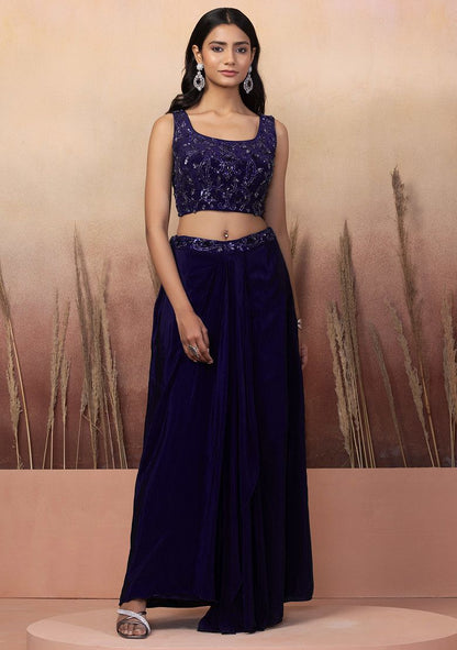 Indigo Blue Lehenga Set With Sequin Hand Work Blouse And Jacket