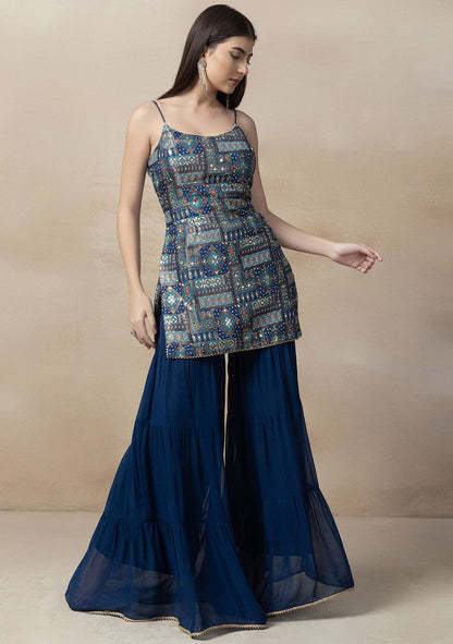 Teal Blue Sharara Set With Printed Embellished Kurta And Dupatta