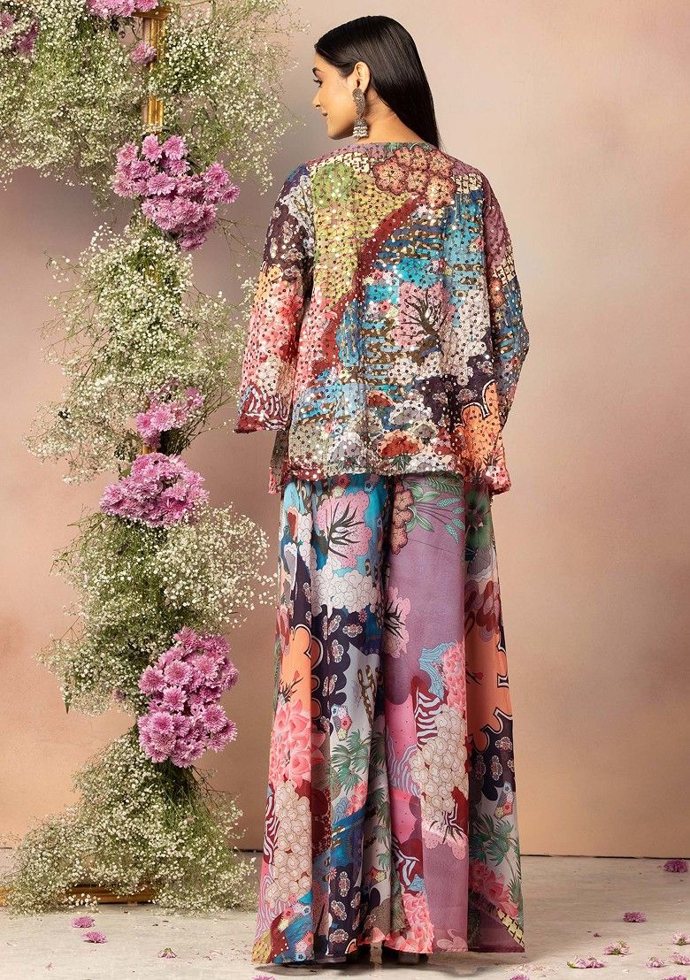 Multicolour Floral Print Sharara Set With Blouse And Jacket